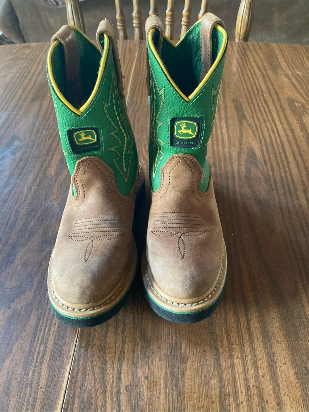 John Deere Green & Brown Kids Western Work Boots Sz 1 M slip on